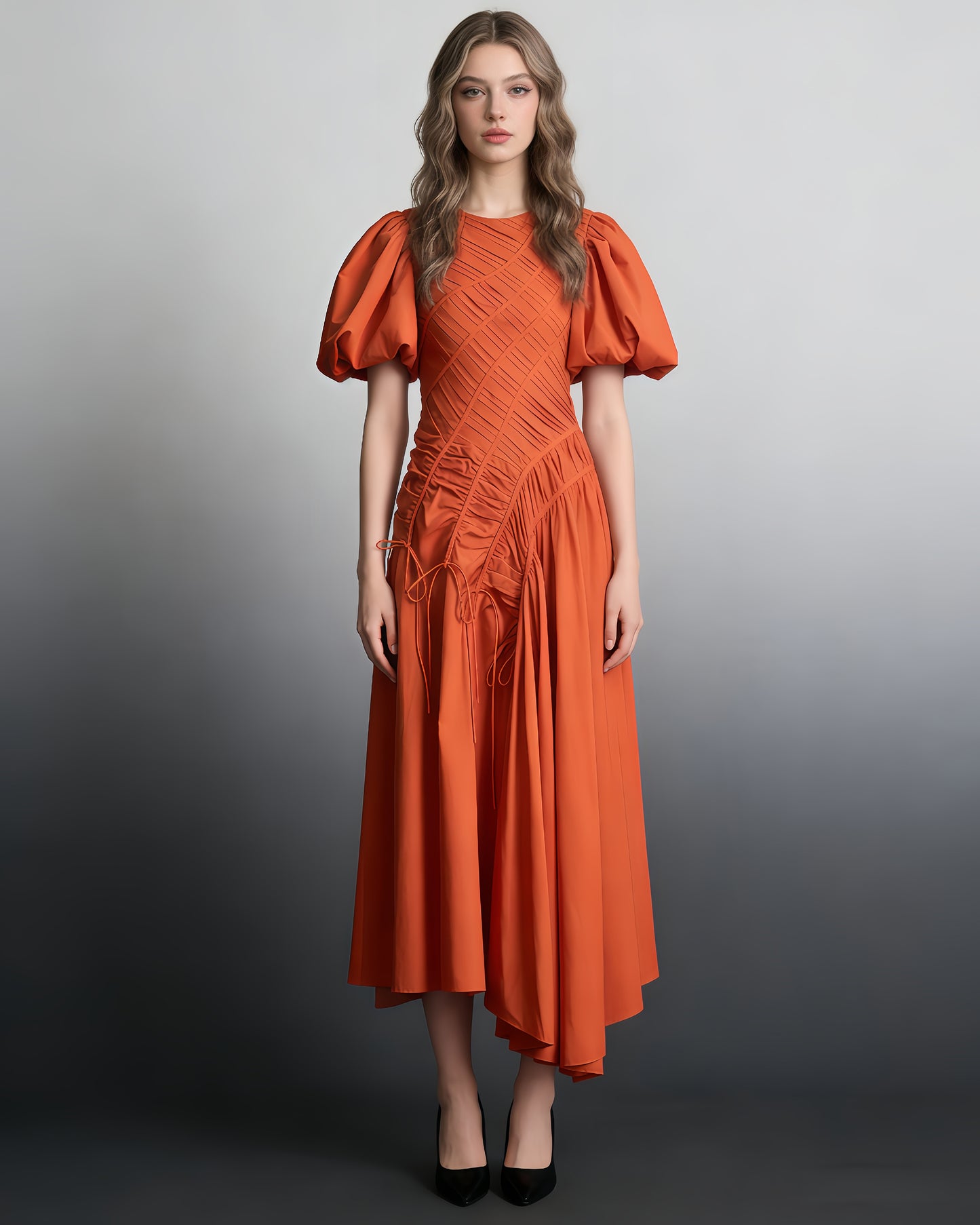 Orange Puff Sleeve Ruched Midi Dress