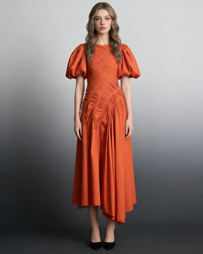 Orange Puff Sleeve Ruched Midi Dress