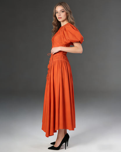Orange Puff Sleeve Ruched Midi Dress
