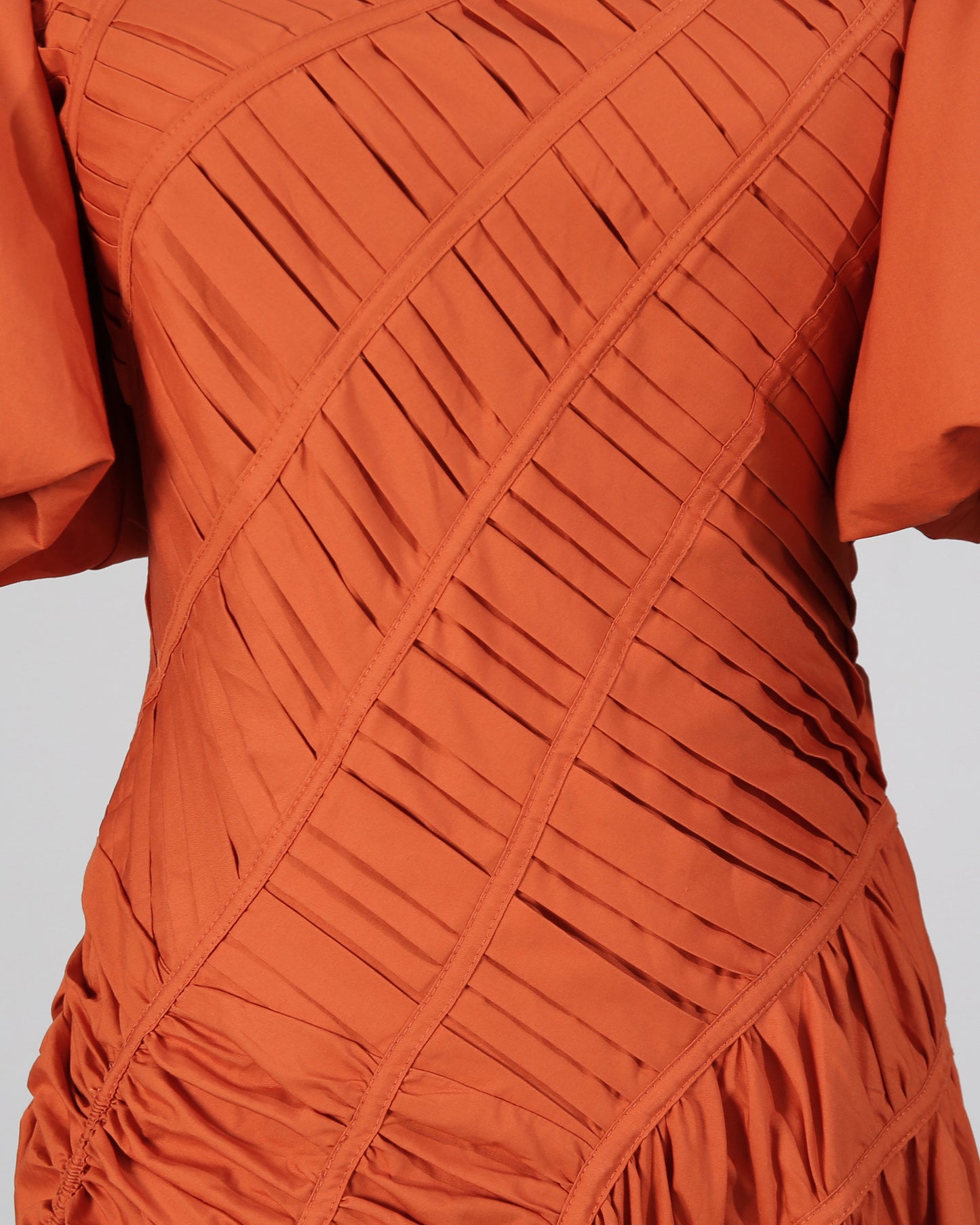 Orange Puff Sleeve Ruched Midi Dress