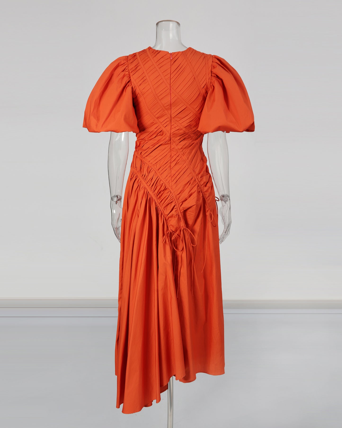 Orange Puff Sleeve Ruched Midi Dress