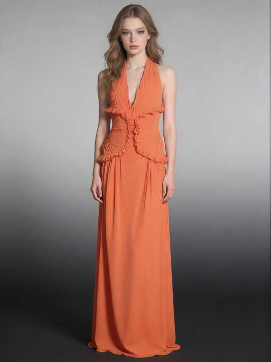 Orangered Halter Gown with Ruffle Accents & Ruched Waist