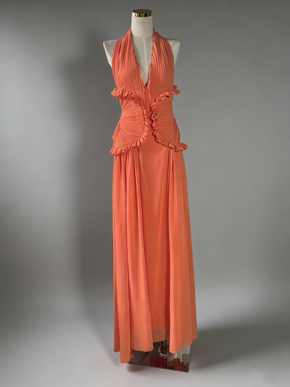 Orangered Halter Gown with Ruffle Accents & Ruched Waist