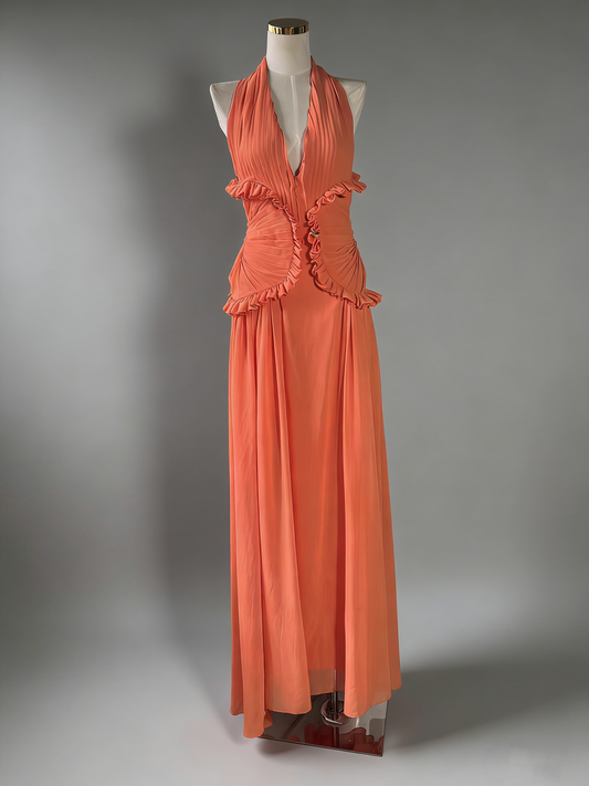 Orangered Halter Gown with Ruffle Accents & Ruched Waist