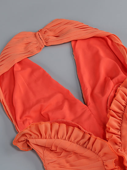 Orangered Halter Gown with Ruffle Accents & Ruched Waist