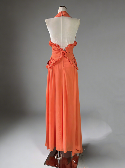 Orangered Halter Gown with Ruffle Accents & Ruched Waist