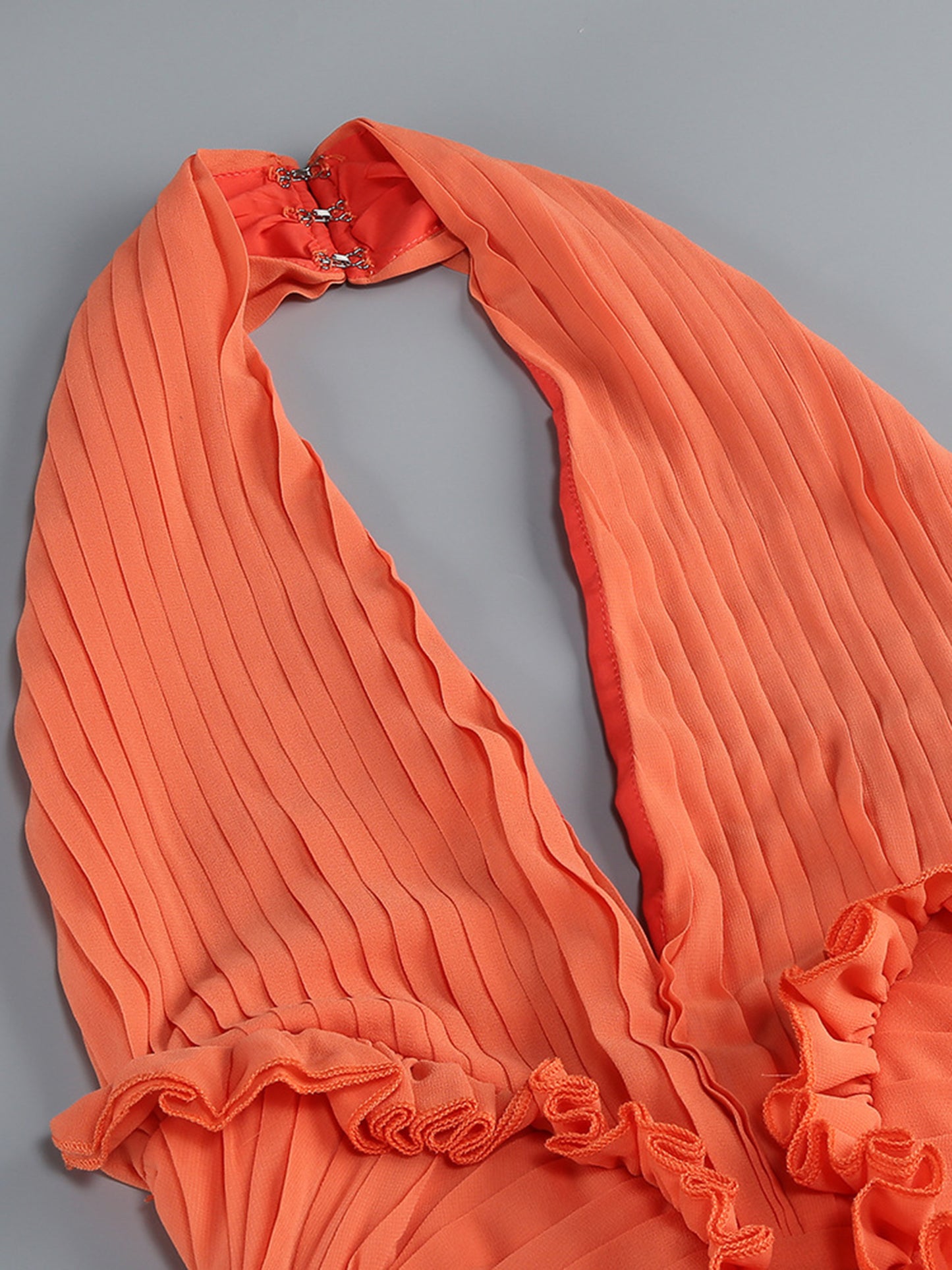 Orangered Halter Gown with Ruffle Accents & Ruched Waist