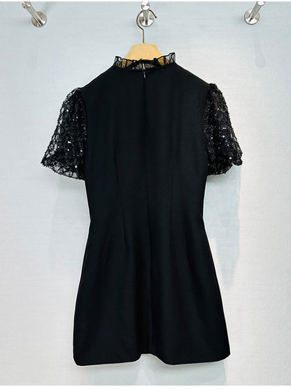 Patchwork Mesh Sequins Solid Short Dress