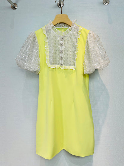 Patchwork Mesh Sequins Solid Short Dress