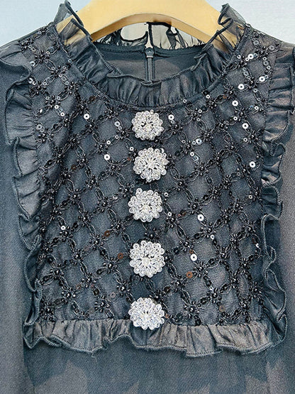 Patchwork Mesh Sequins Solid Short Dress