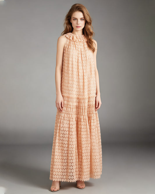 Peachpink Floral Neckline Crochet Tiered Maxi Dress
