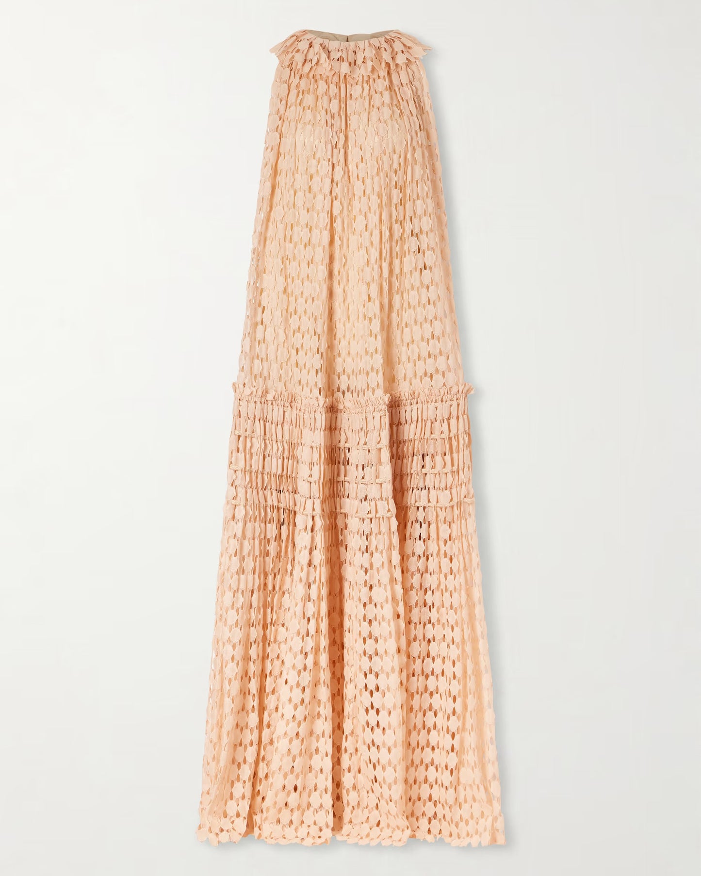 Peachpink Floral Neckline Crochet Tiered Maxi Dress