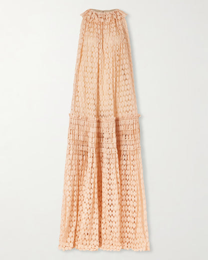 Peachpink Floral Neckline Crochet Tiered Maxi Dress