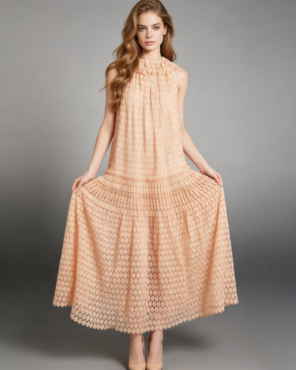 Peachpink Floral Neckline Crochet Tiered Maxi Dress