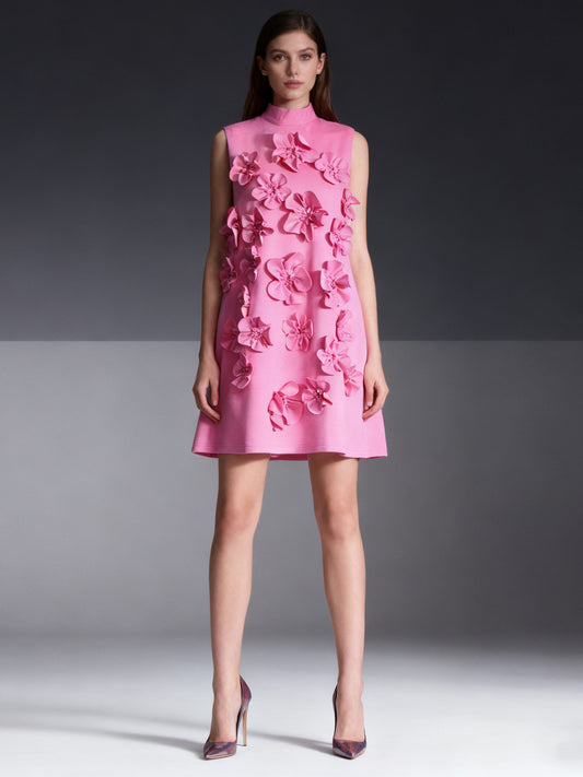 Pink 3D Floral High Neck Mini Dress