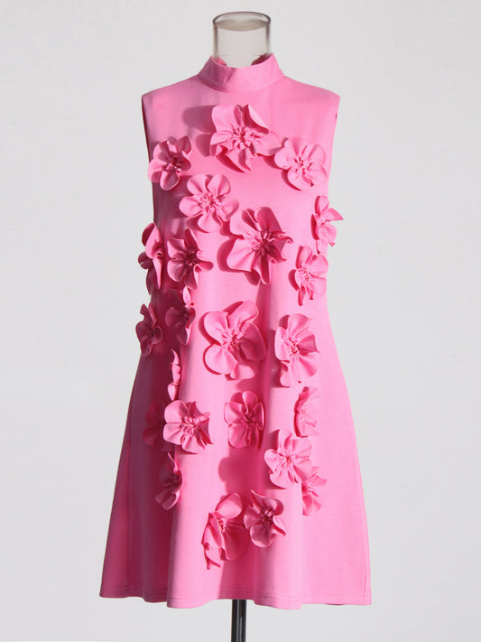 Pink 3D Floral High Neck Mini Dress