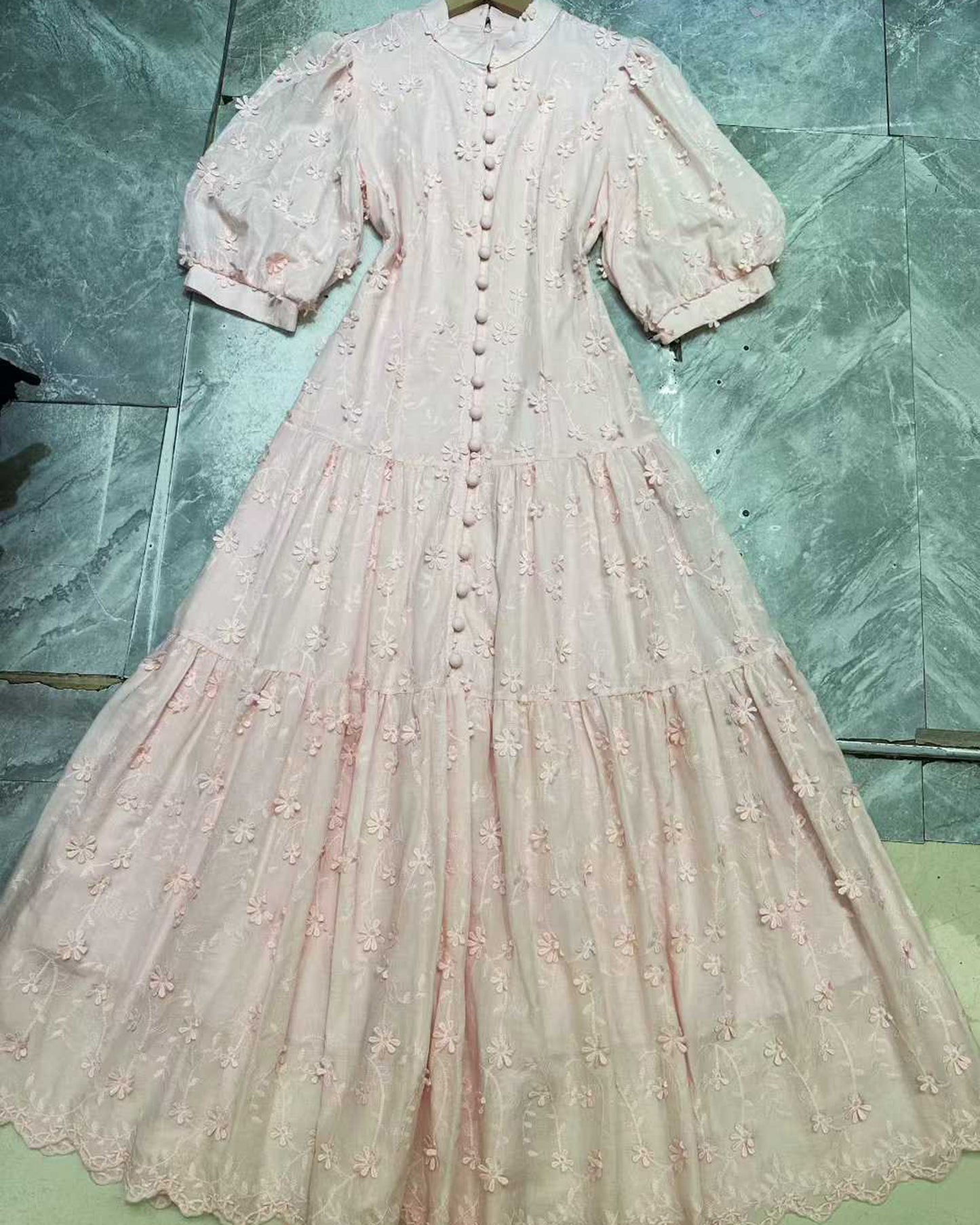 Pink 3D Floral Puff Sleeve Maxi Dress