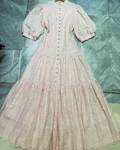 Pink 3D Floral Puff Sleeve Maxi Dress