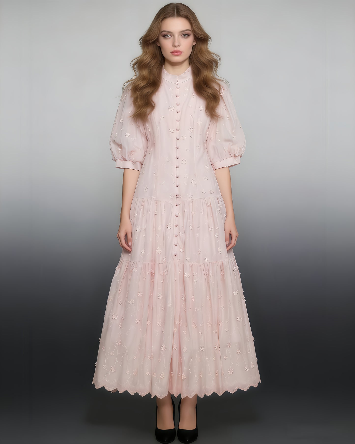 Pink 3D Floral Puff Sleeve Maxi Dress