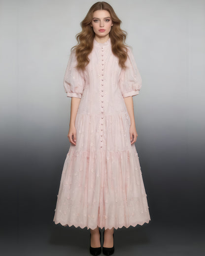 Pink 3D Floral Puff Sleeve Maxi Dress