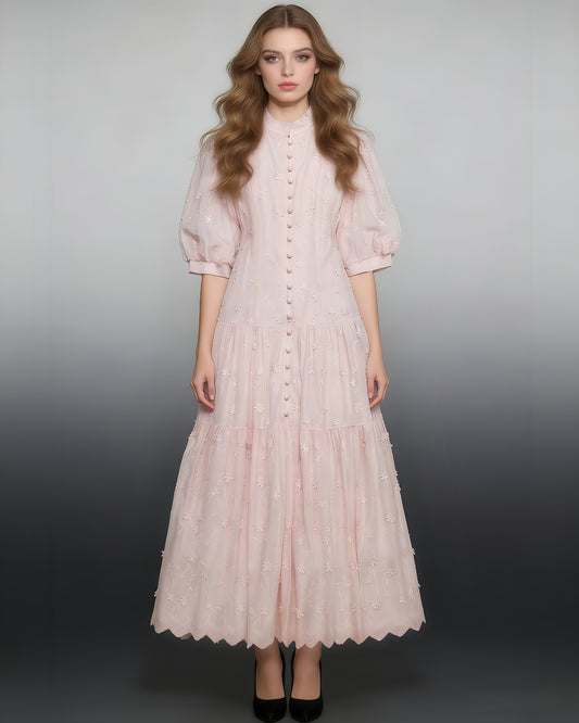 Pink 3D Floral Puff Sleeve Maxi Dress