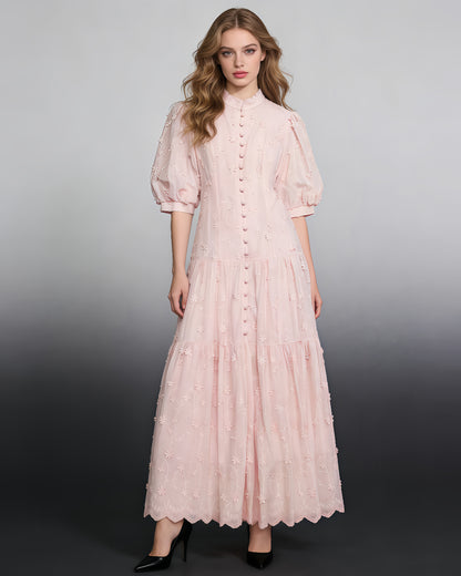 Pink 3D Floral Puff Sleeve Maxi Dress
