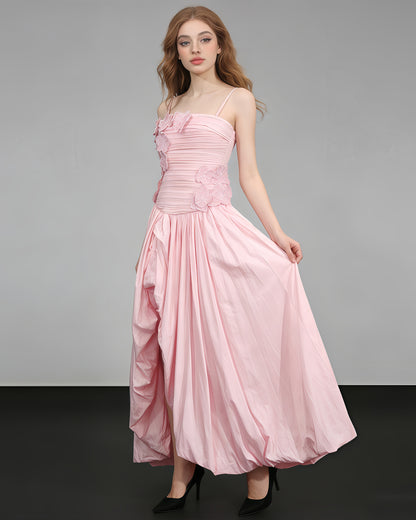 Pink 3D Floral Ruched Asymmetric Maxi Dress