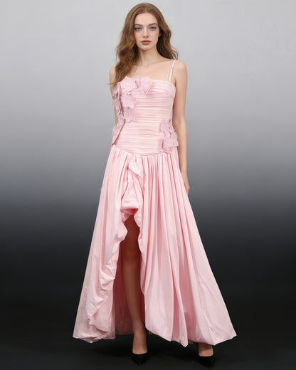 Pink 3D Floral Ruched Asymmetric Maxi Dress