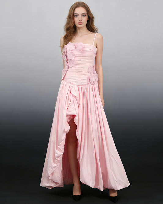Pink 3D Floral Ruched Asymmetric Maxi Dress