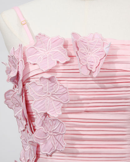 Pink 3D Floral Ruched Asymmetric Maxi Dress