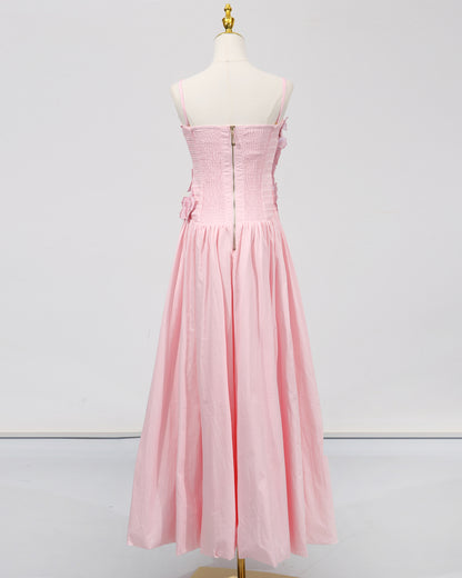 Pink 3D Floral Ruched Asymmetric Maxi Dress