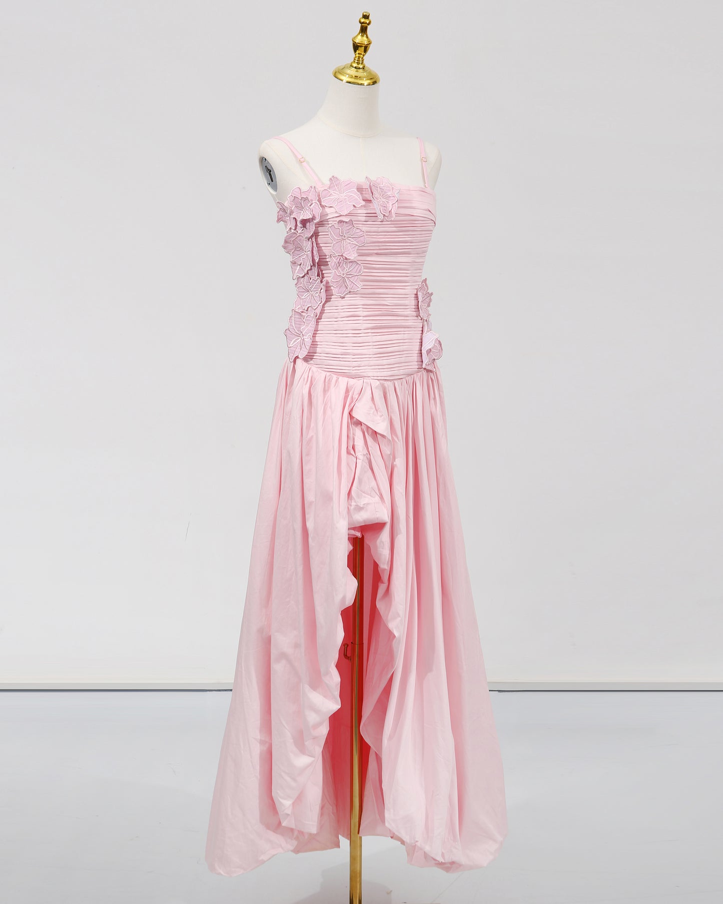 Pink 3D Floral Ruched Asymmetric Maxi Dress