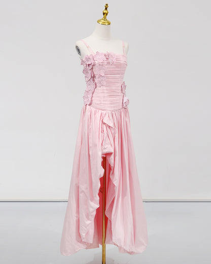 Pink 3D Floral Ruched Asymmetric Maxi Dress