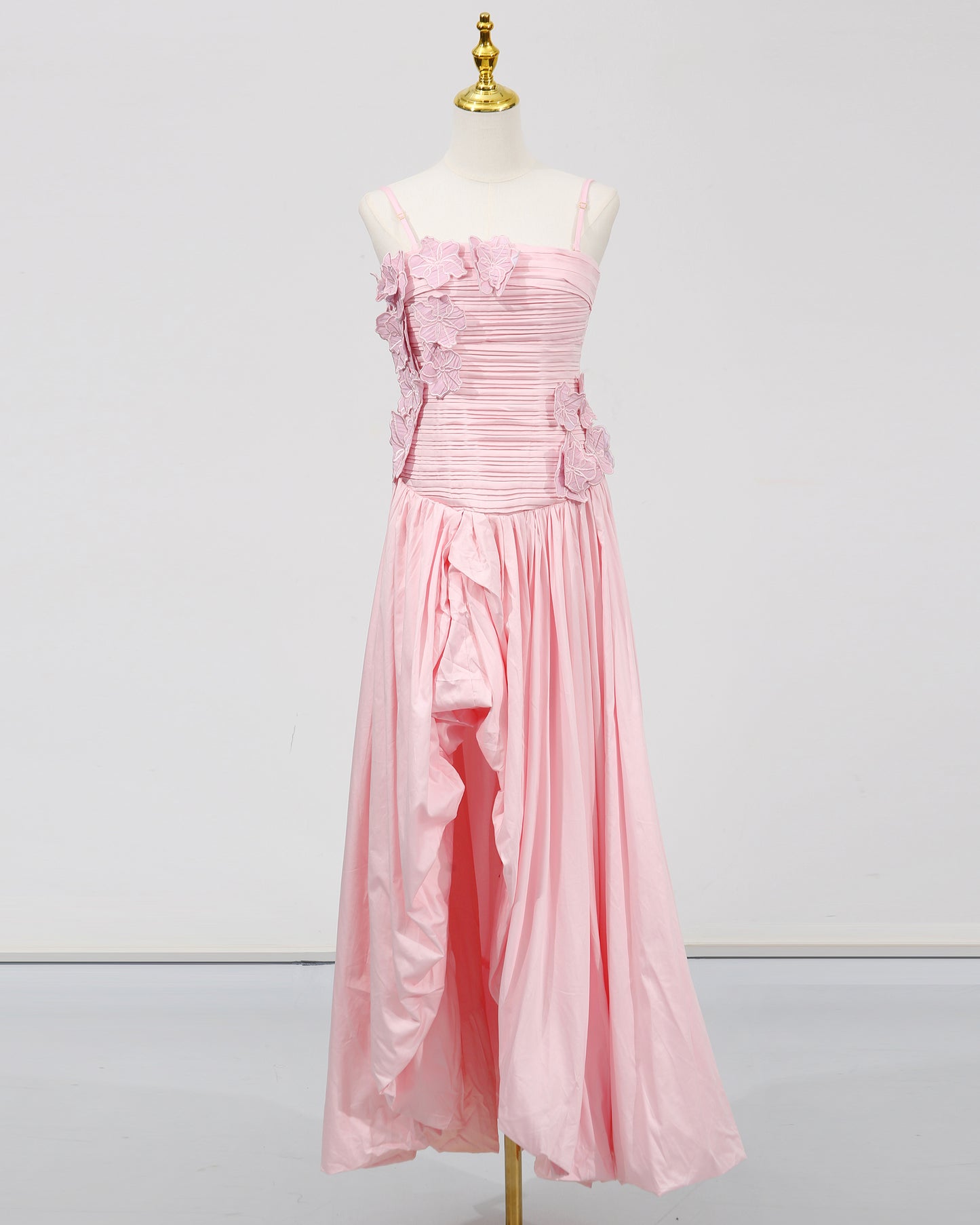 Pink 3D Floral Ruched Asymmetric Maxi Dress