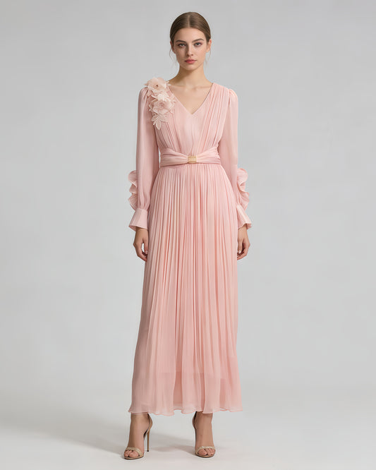 Pink 3D Floral Ruched Waist Maxi Dress