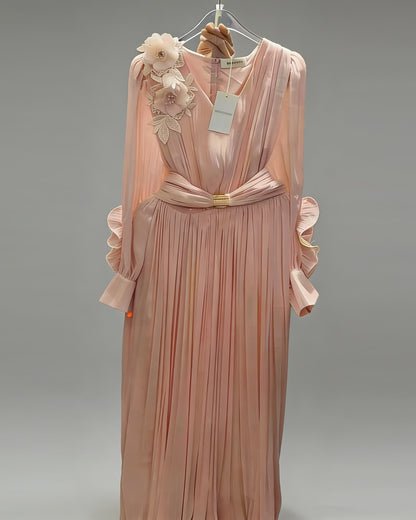 Pink 3D Floral Ruched Waist Maxi Dress