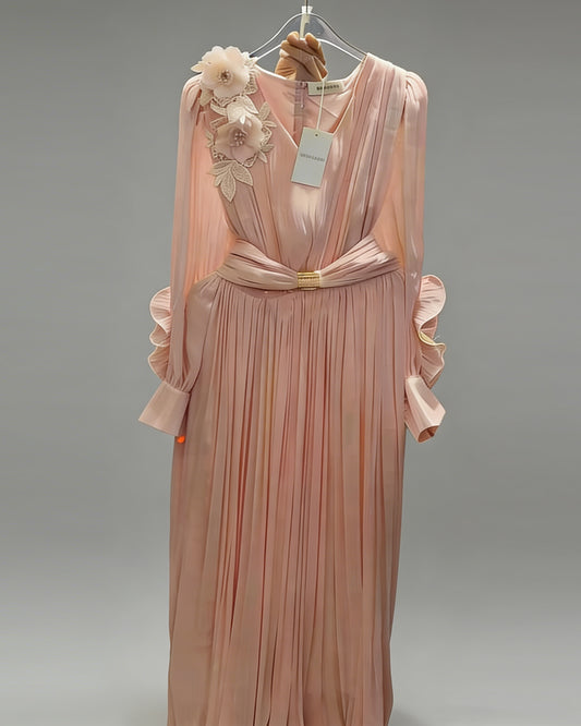 Pink 3D Floral Ruched Waist Maxi Dress