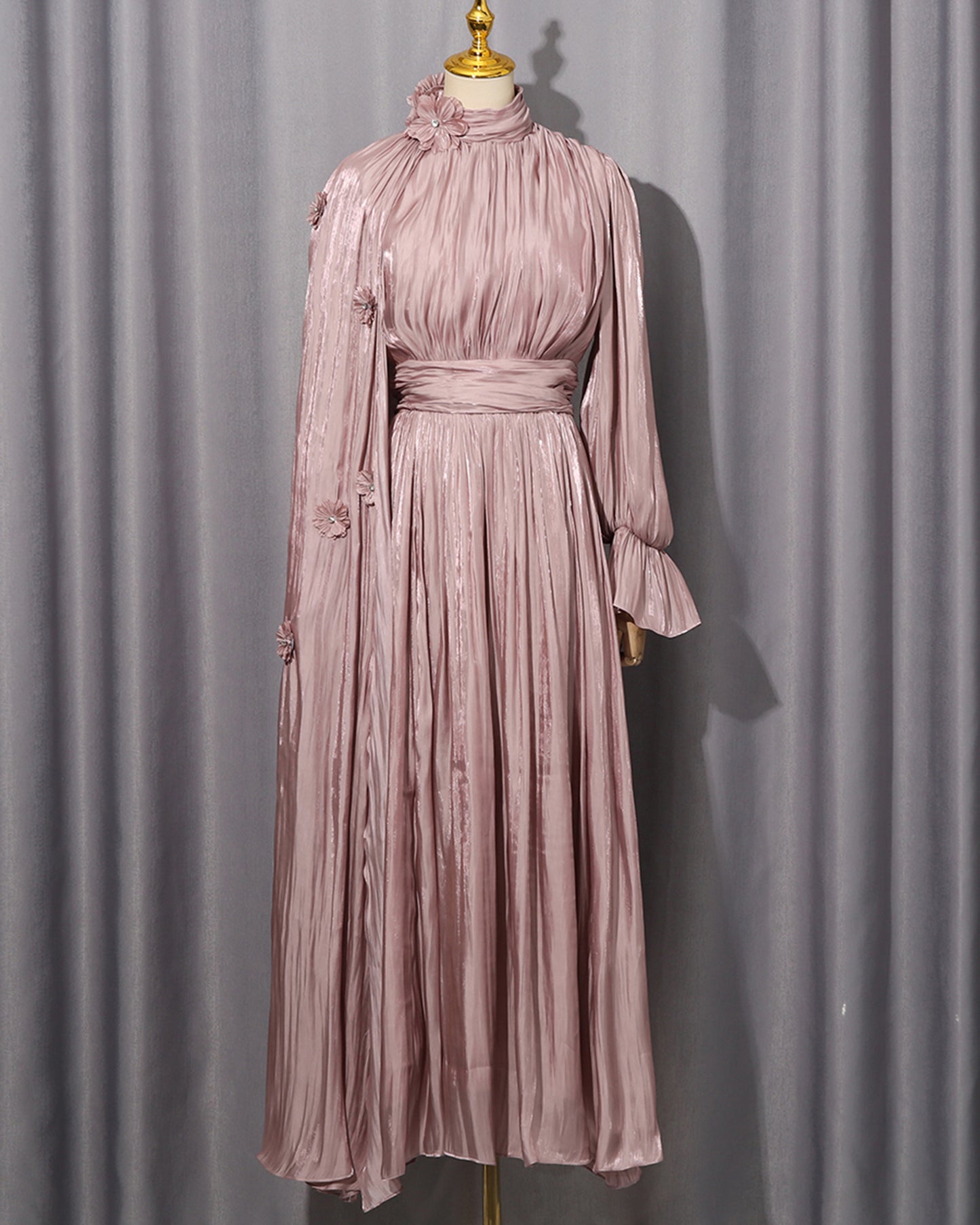 Pink 3D Floral Shiny Maxi Dress