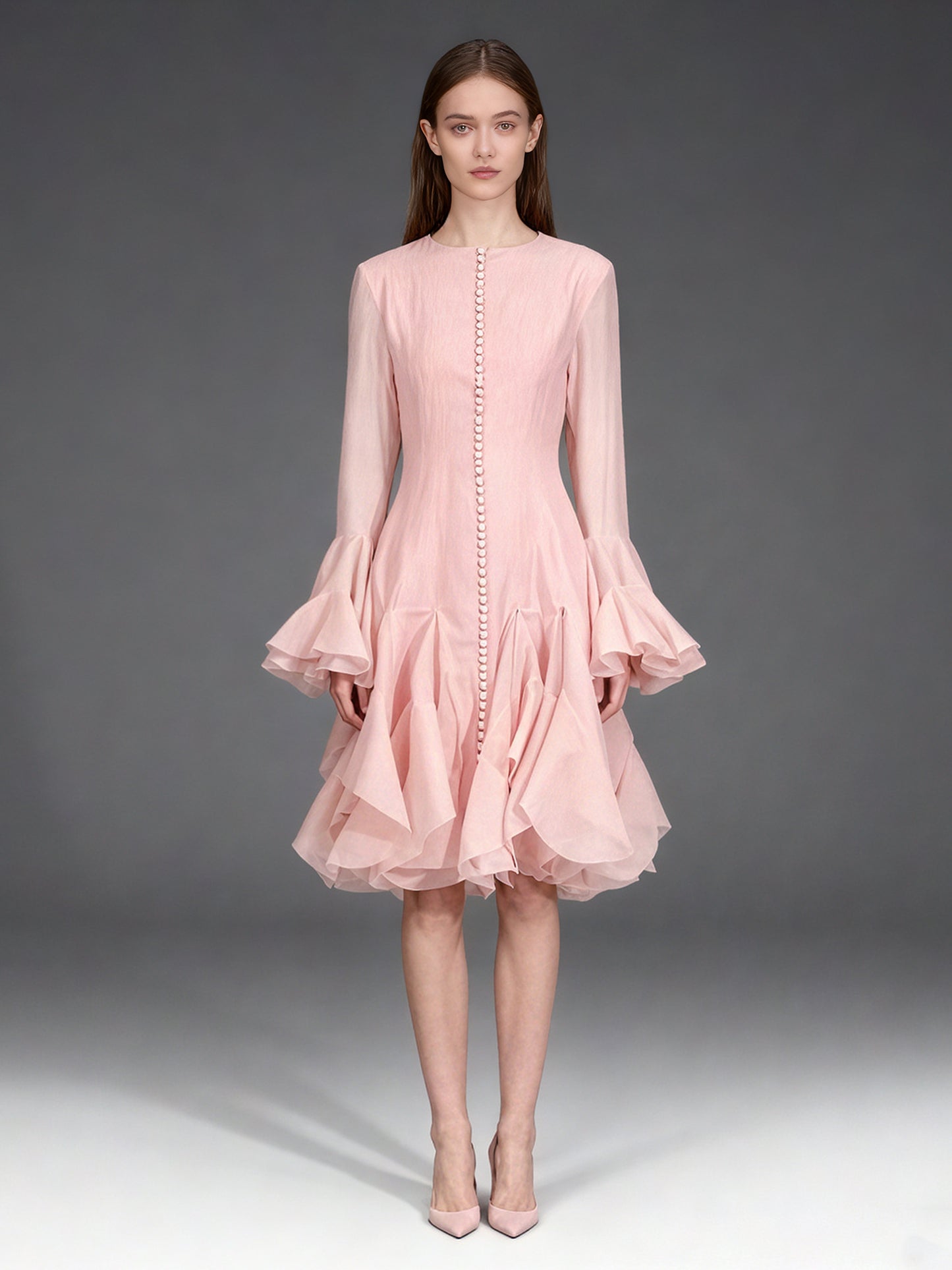 Pink Bell Sleeve Ruffled Long Dress with Button Front