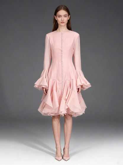 Pink Bell Sleeve Ruffled Long Dress with Button Front