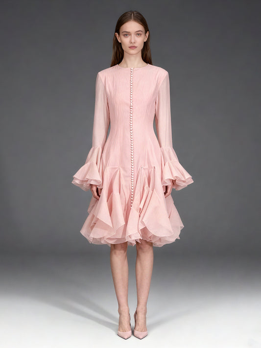 Pink Bell Sleeve Ruffled Long Dress with Button Front