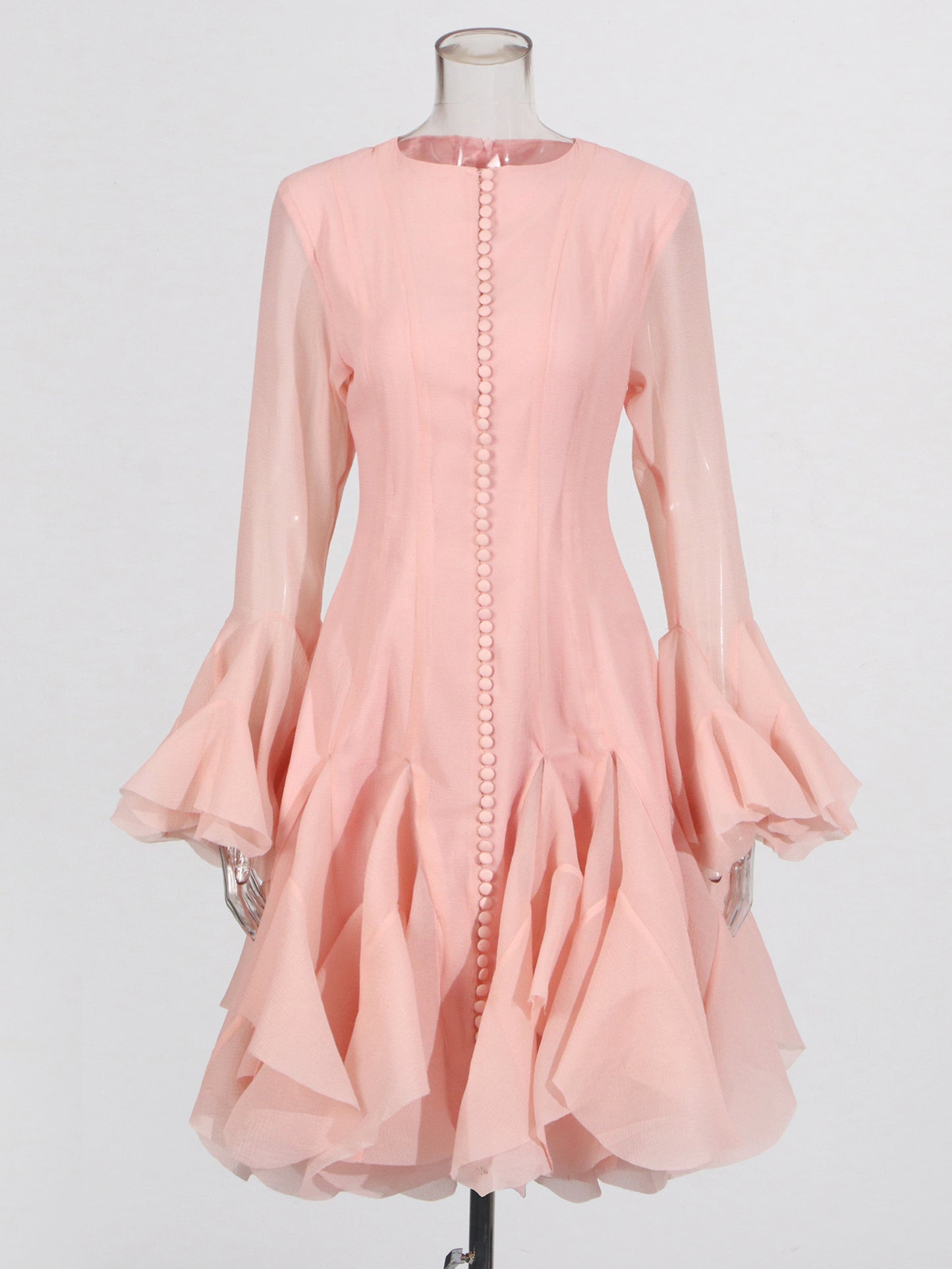 Pink Bell Sleeve Ruffled Long Dress with Button Front