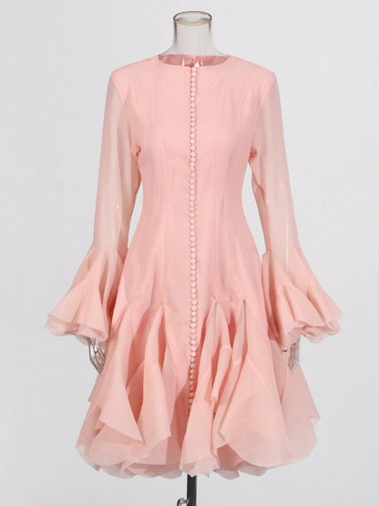 Pink Bell Sleeve Ruffled Long Dress with Button Front