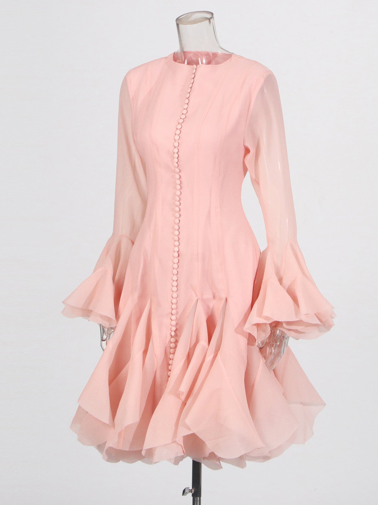 Pink Bell Sleeve Ruffled Long Dress with Button Front