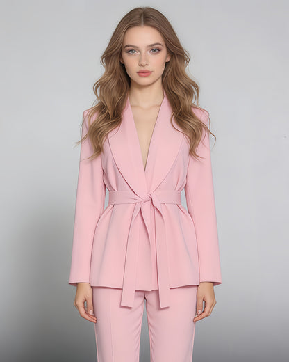 Pink Belted Solid Lapel Peplum Blazer