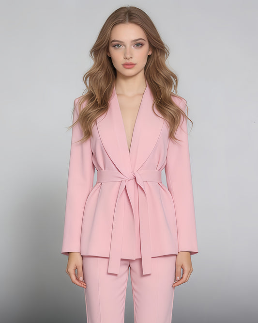 Pink Belted Solid Lapel Peplum Blazer