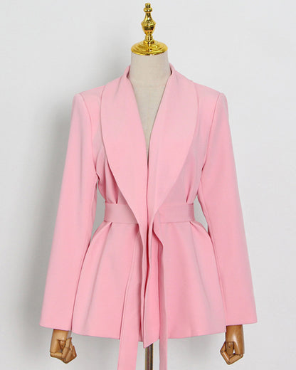 Pink Belted Solid Lapel Peplum Blazer