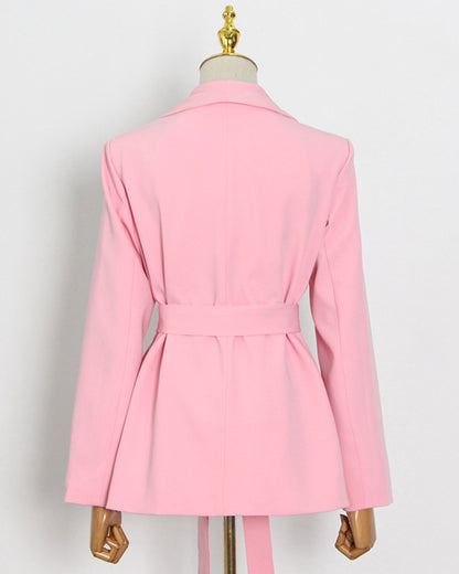 Pink Belted Solid Lapel Peplum Blazer