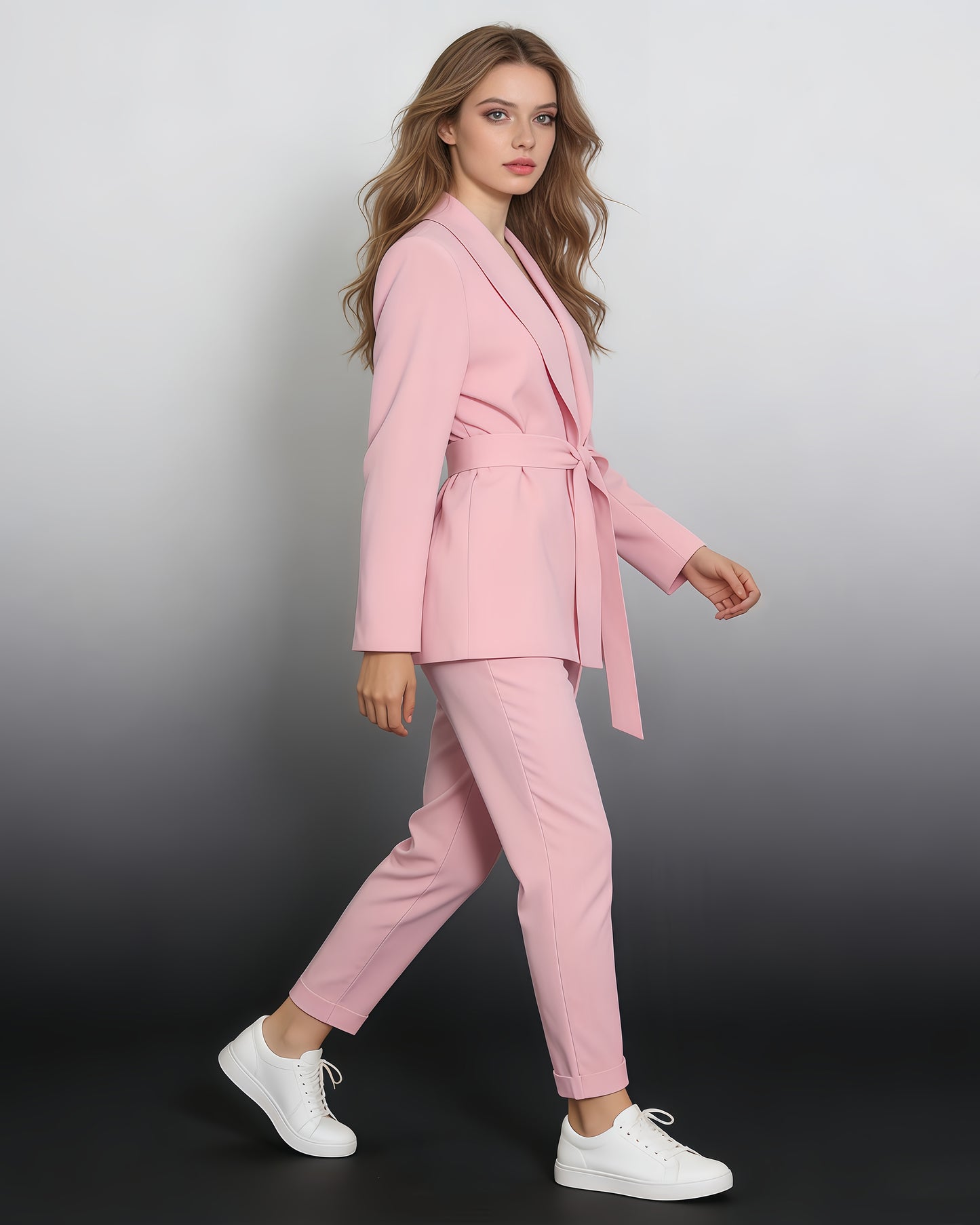 Pink Belted Solid Lapel Peplum Blazer