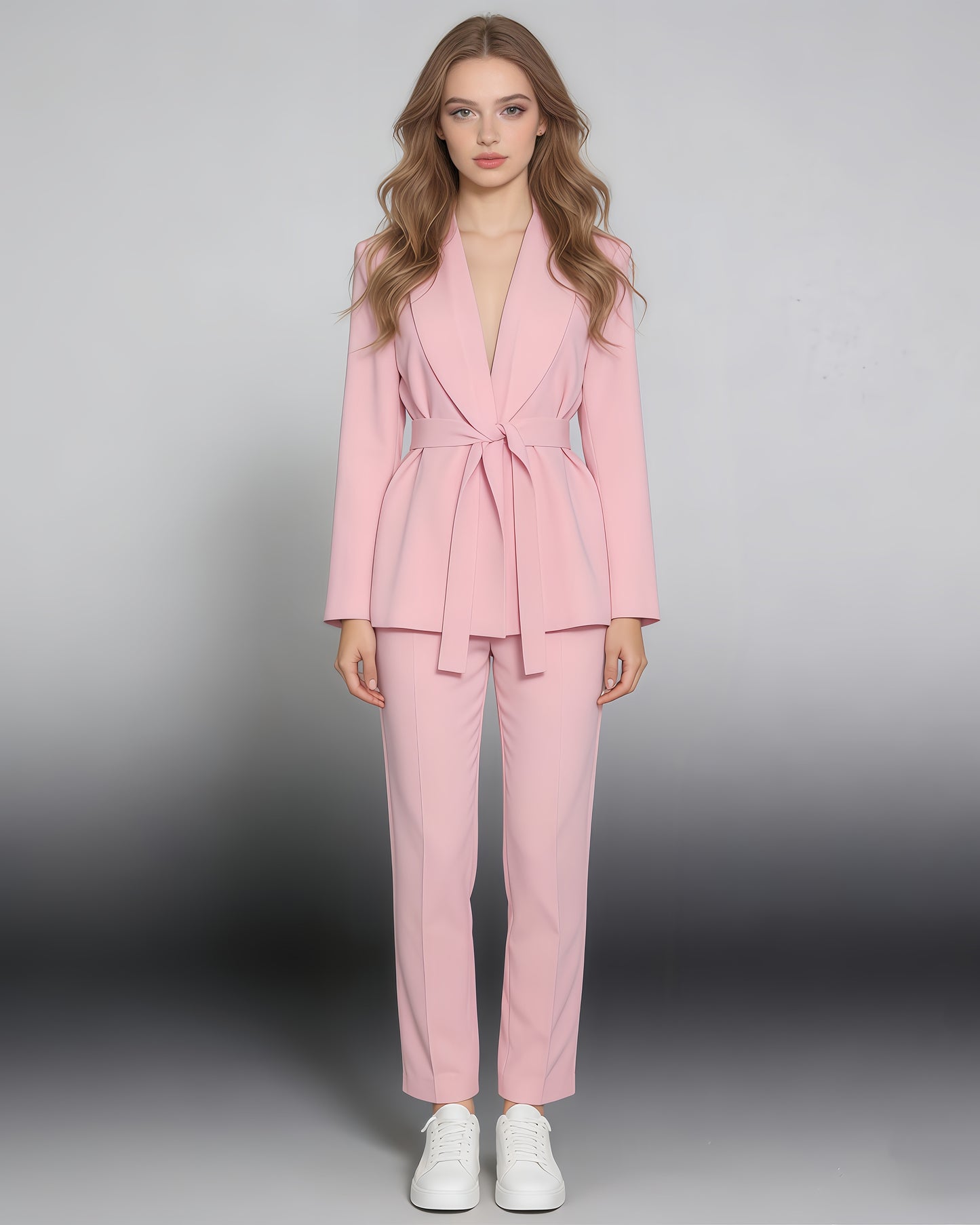 Pink Belted Solid Lapel Peplum Blazer